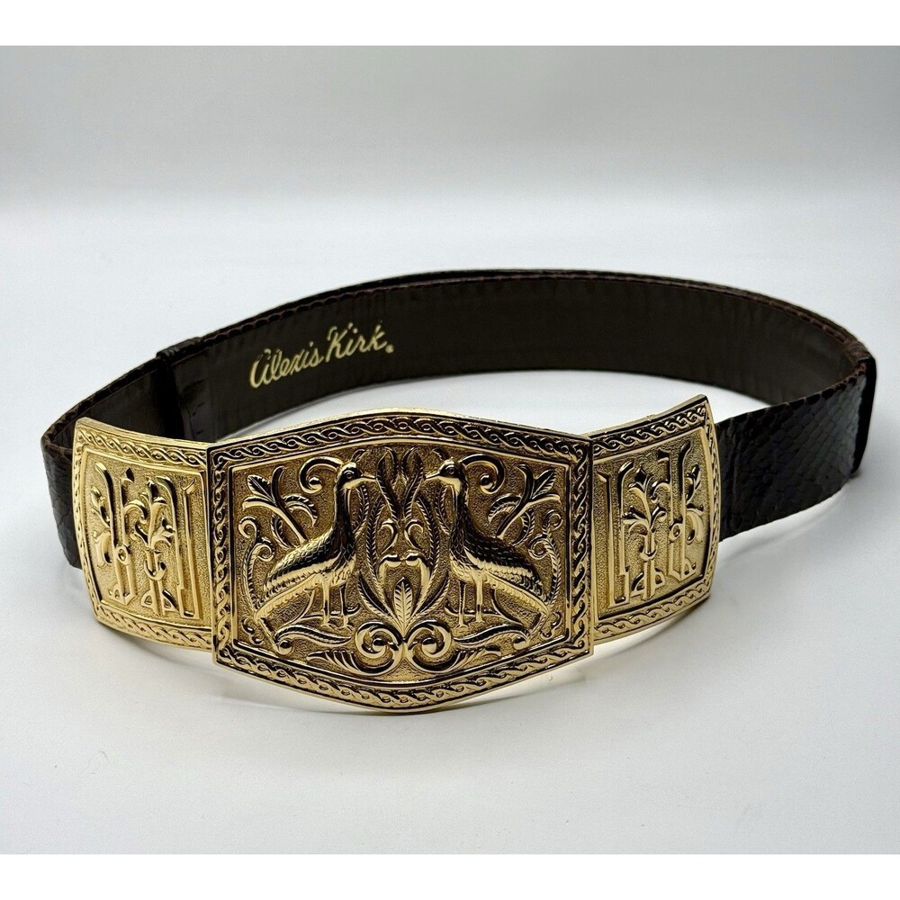 Vintage Alexis Kirk Snakeskin Leather Belt Gold Heron Art Deco Statement Belt